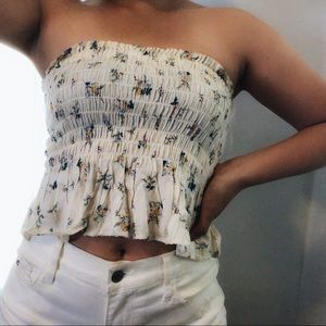 American Eagle Yellow and Floral Ruffle Crop Top